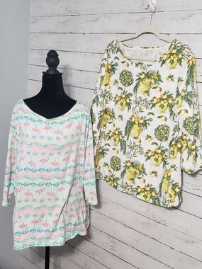Talbots White Lemon Print Long Sleeve Top & Pastel Shell-Print Long Sleeve Tee
